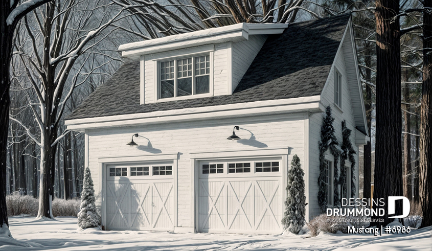 Vue avant - MODÈLE DE BASE - Garage double de deux portes avec rangement à l'étage, style Cape Cod - Mustang
