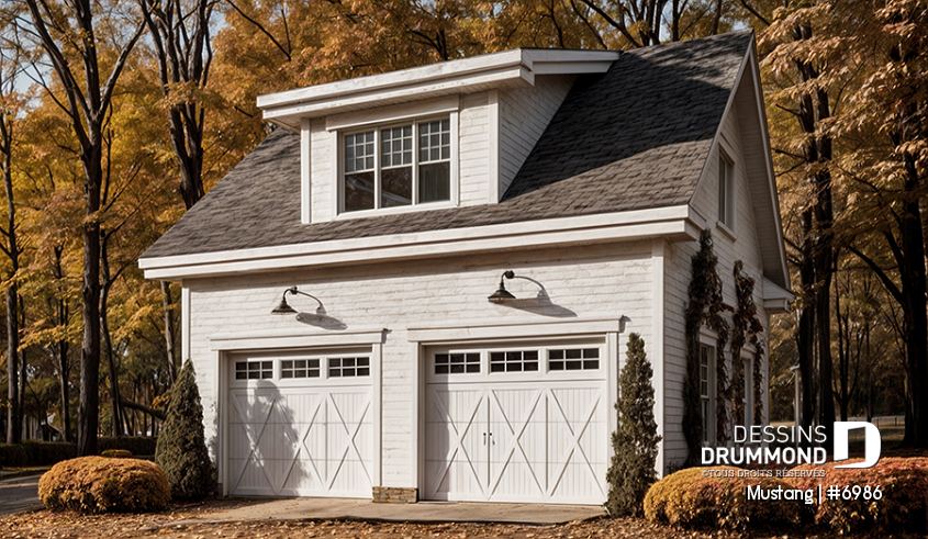 Vue avant - MODÈLE DE BASE - Garage double de deux portes avec rangement à l'étage, style Cape Cod - Mustang