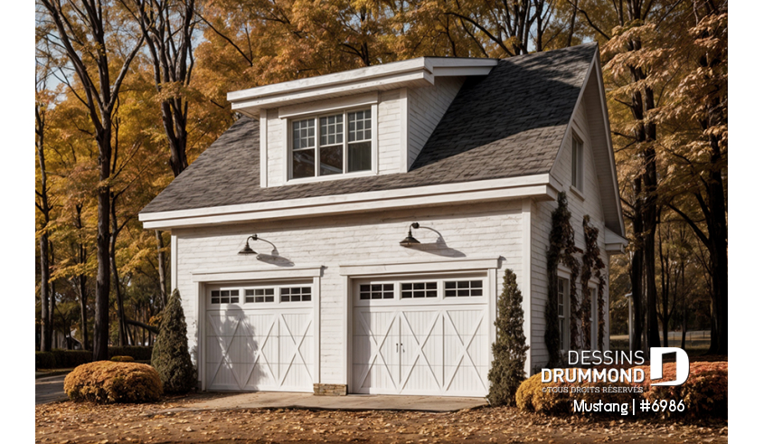 Vue avant - MODÈLE DE BASE - Garage double de deux portes avec rangement à l'étage, style Cape Cod - Mustang