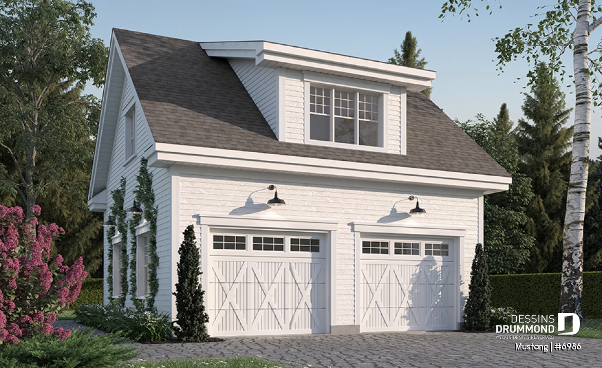 Vue avant - MODÈLE DE BASE - Garage double de deux portes avec rangement à l'étage, style Cape Cod - Mustang