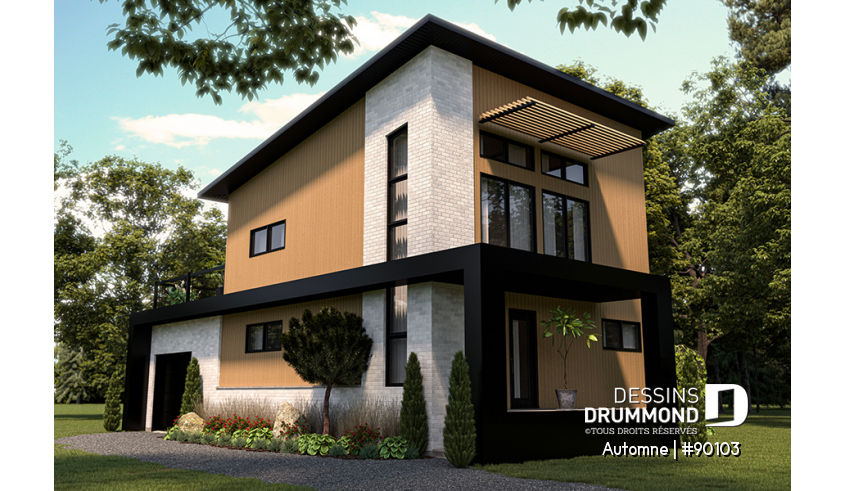 Vue droite - Plan de maison écologique 2 à 4 chambres, garage, balcon à l'étage, coin lecture/relaxation (filet suspendu) - Automne