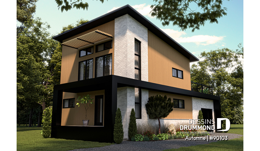 Vue droite - Plan de maison écologique 2 à 4 chambres, garage, balcon à l'étage, coin lecture/relaxation (filet suspendu) - Automne