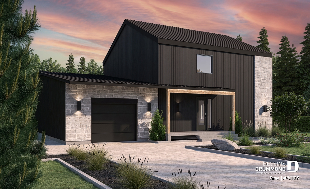Vue avant - MODÈLE DE BASE - Plan de maison éco-responsable avec superbe chambre des parents à l'étage, grand bureau, serre et garage - Cime