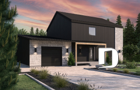 Vue avant - MODÈLE DE BASE - Plan de maison éco-responsable avec superbe chambre des parents à l'étage, grand bureau, serre et garage - Cime