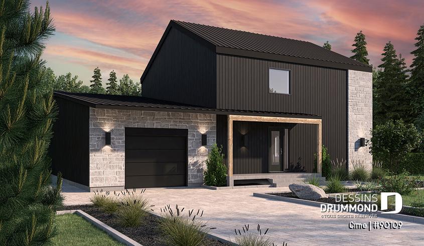 Vue avant - MODÈLE DE BASE - Plan de maison éco-responsable avec superbe chambre des parents à l'étage, grand bureau, serre et garage - Cime