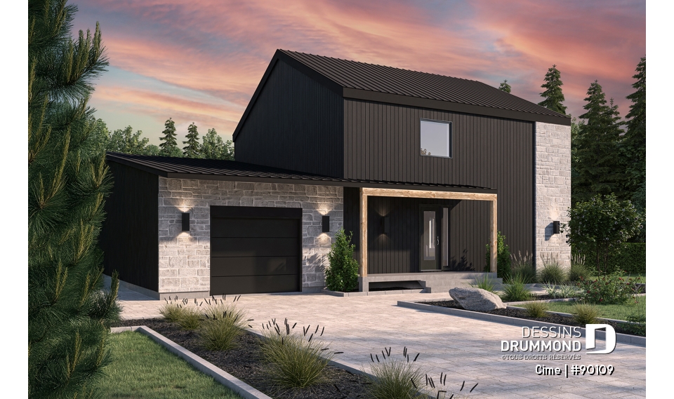 Vue avant - MODÈLE DE BASE - Plan de maison éco-responsable avec superbe chambre des parents à l'étage, grand bureau, serre et garage - Cime