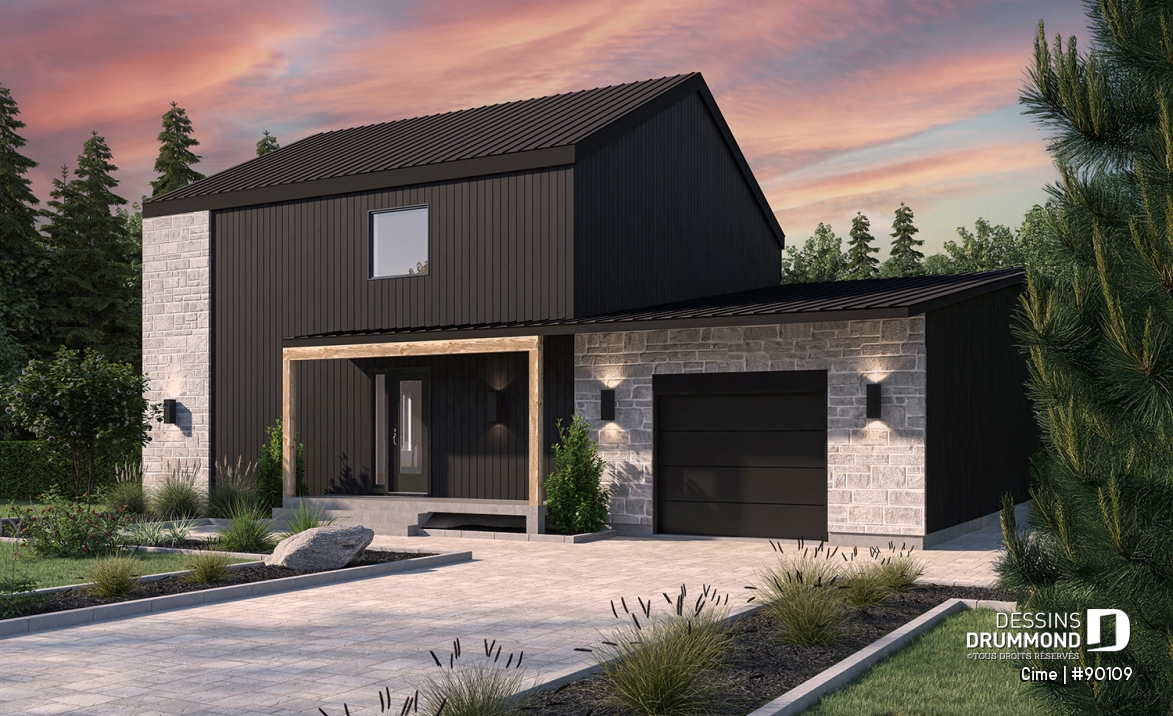 Vue avant - MODÈLE DE BASE - Plan de maison éco-responsable avec superbe chambre des parents à l'étage, grand bureau, serre et garage - Cime