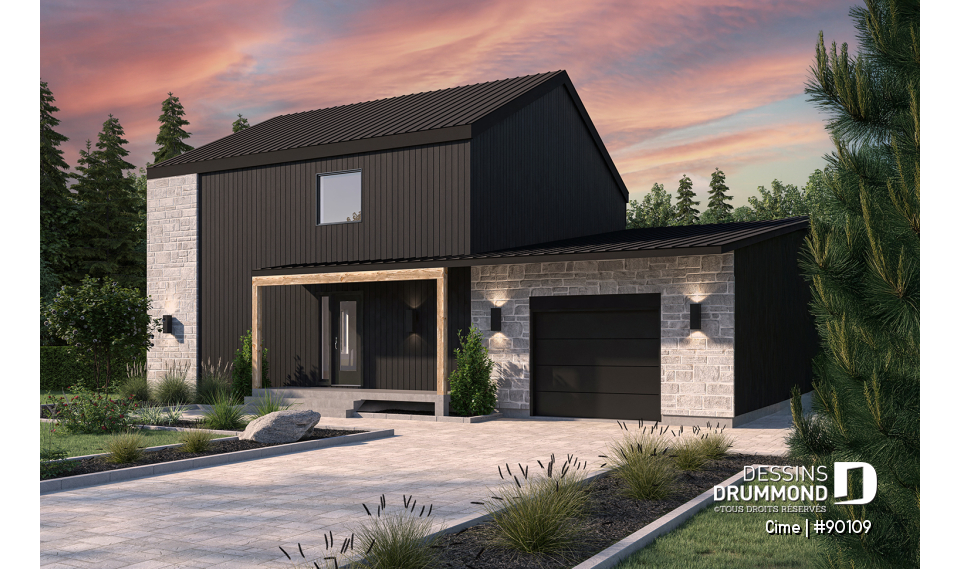 Vue avant - MODÈLE DE BASE - Plan de maison éco-responsable avec superbe chambre des parents à l'étage, grand bureau, serre et garage - Cime