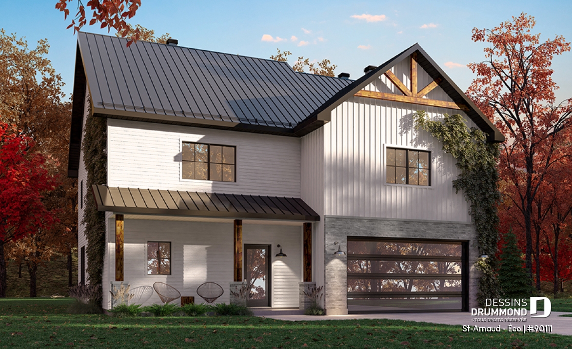 Vue avant - MODÈLE DE BASE - Plan éco-responsable de style Farmhouse, 3 à 4 chambres, bureau, garage et belle terrasse abritée - St-Arnaud - Éco