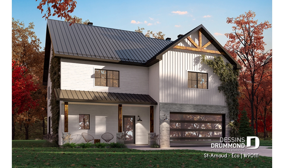 Vue avant - MODÈLE DE BASE - Plan éco-responsable de style Farmhouse, 3 à 4 chambres, bureau, garage et belle terrasse abritée - St-Arnaud - Éco