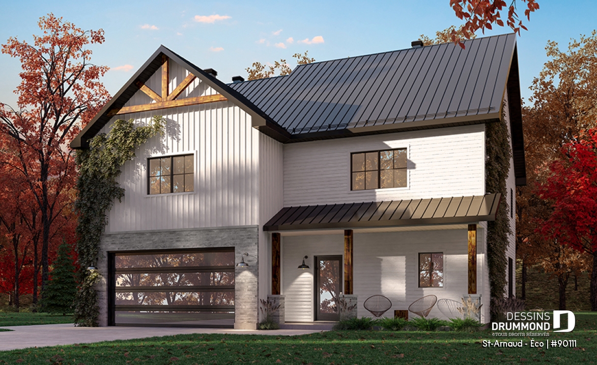 Vue avant - MODÈLE DE BASE - Plan éco-responsable de style Farmhouse, 3 à 4 chambres, bureau, garage et belle terrasse abritée - St-Arnaud - Éco