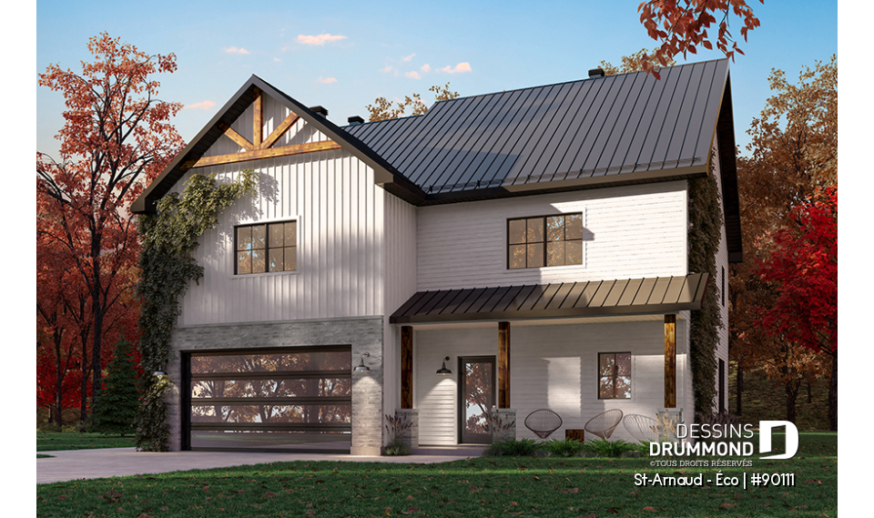 Vue avant - MODÈLE DE BASE - Plan éco-responsable de style Farmhouse, 3 à 4 chambres, bureau, garage et belle terrasse abritée - St-Arnaud - Éco