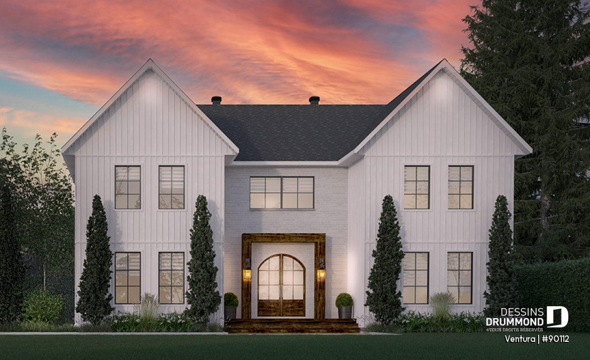 Vue avant - MODÈLE DE BASE - Superbe Farmhouse éco-responsable de 4+ chambres, avec 2 îlots, gym et sous-sol aménagé optionnel ($) - Ventura
