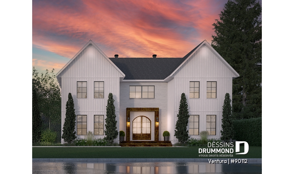 Vue avant - MODÈLE DE BASE - Superbe Farmhouse éco-responsable de 4+ chambres, avec 2 îlots, gym et sous-sol aménagé optionnel ($) - Ventura