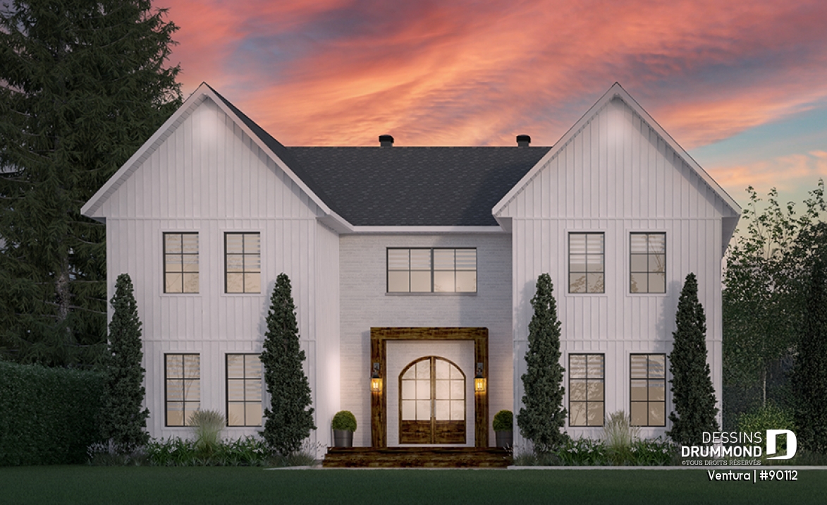 Vue avant - MODÈLE DE BASE - Superbe Farmhouse éco-responsable de 4+ chambres, avec 2 îlots, gym et sous-sol aménagé optionnel ($) - Ventura