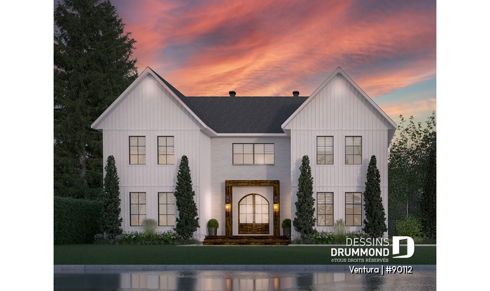 Vue avant - MODÈLE DE BASE - Superbe Farmhouse éco-responsable de 4+ chambres, avec 2 îlots, gym et sous-sol aménagé optionnel ($) - Ventura