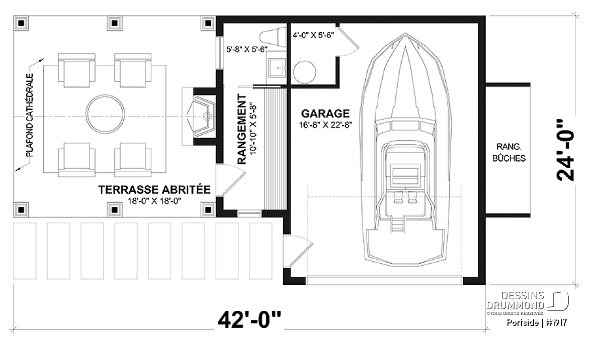 Rez-de-chaussée - Plan pour garage, bateau, petit motorisé ou voiture proposant une terrasse abritée, salle d'eau et rangement - Portside