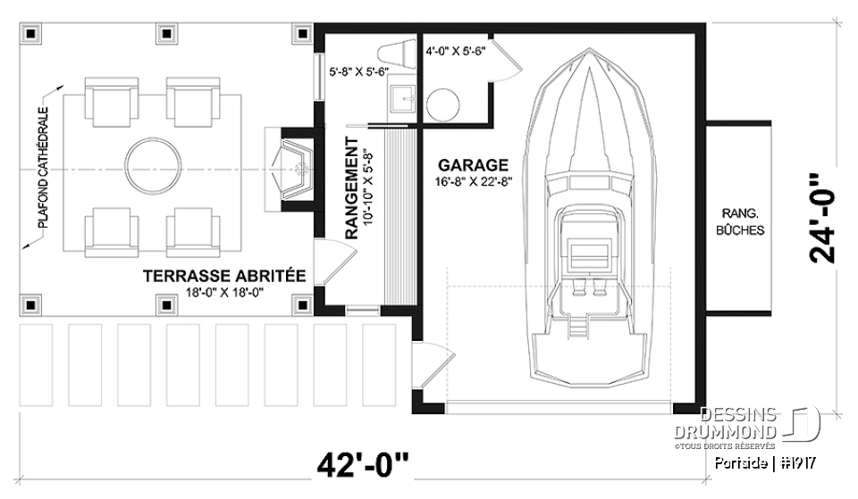 Rez-de-chaussée - Plan pour garage, bateau, petit motorisé ou voiture proposant une terrasse abritée, salle d'eau et rangement - Portside