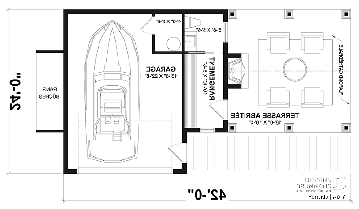 Rez-de-chaussée - Plan pour garage, bateau, petit motorisé ou voiture proposant une terrasse abritée, salle d'eau et rangement - Portside