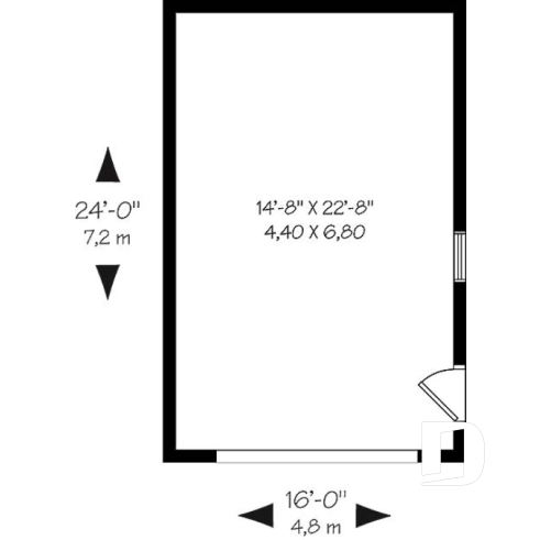 Rez-de-chaussée - Plan de garage simple, une voiture, style champêtre avec rangement boni et plafond en pente à l'étage. - Monceau 3