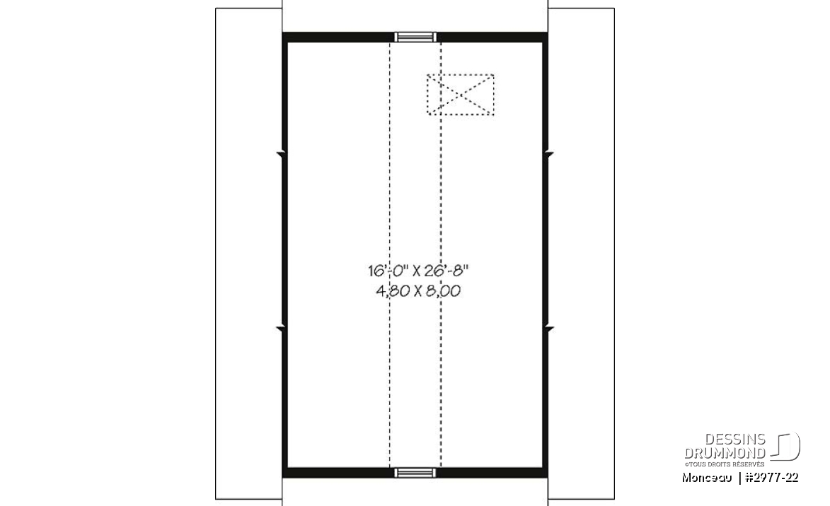 Étage - Plan de garage double, pour deux voiture, avec porte et fenêtre latérales. Espace rangement au grenier. - Monceau 