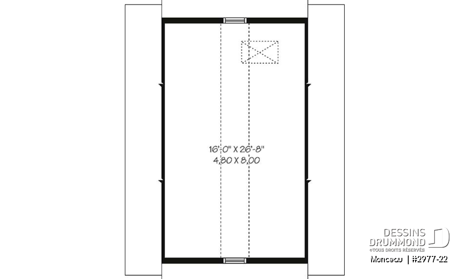 Étage - Plan de garage double, pour deux voiture, avec porte et fenêtre latérales. Espace rangement au grenier. - Monceau 