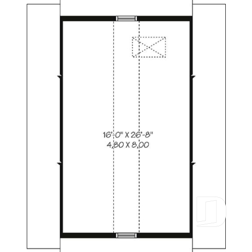 Étage - Plan de garage double, pour deux voiture, avec porte et fenêtre latérales. Espace rangement au grenier. - Monceau 