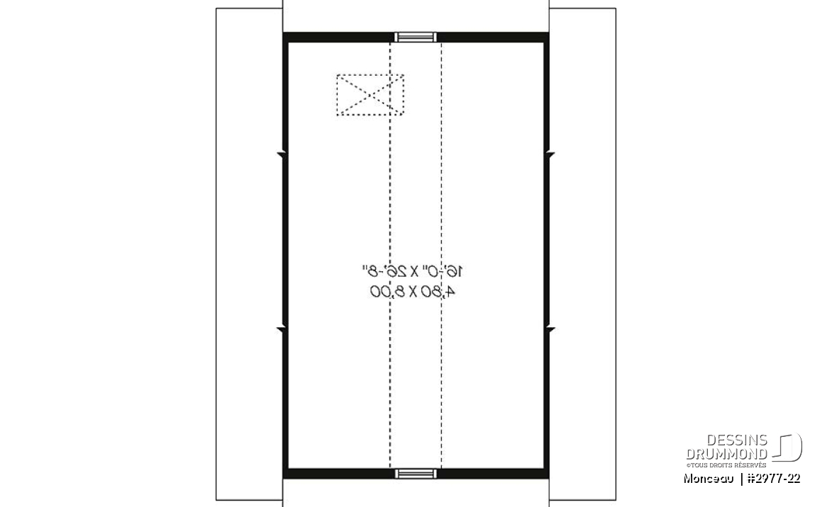 Étage - Plan de garage double, pour deux voiture, avec porte et fenêtre latérales. Espace rangement au grenier. - Monceau 