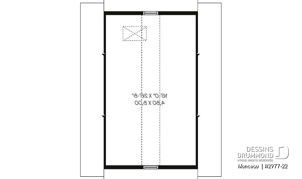 Étage - Plan de garage double, pour deux voiture, avec porte et fenêtre latérales. Espace rangement au grenier. - Monceau 