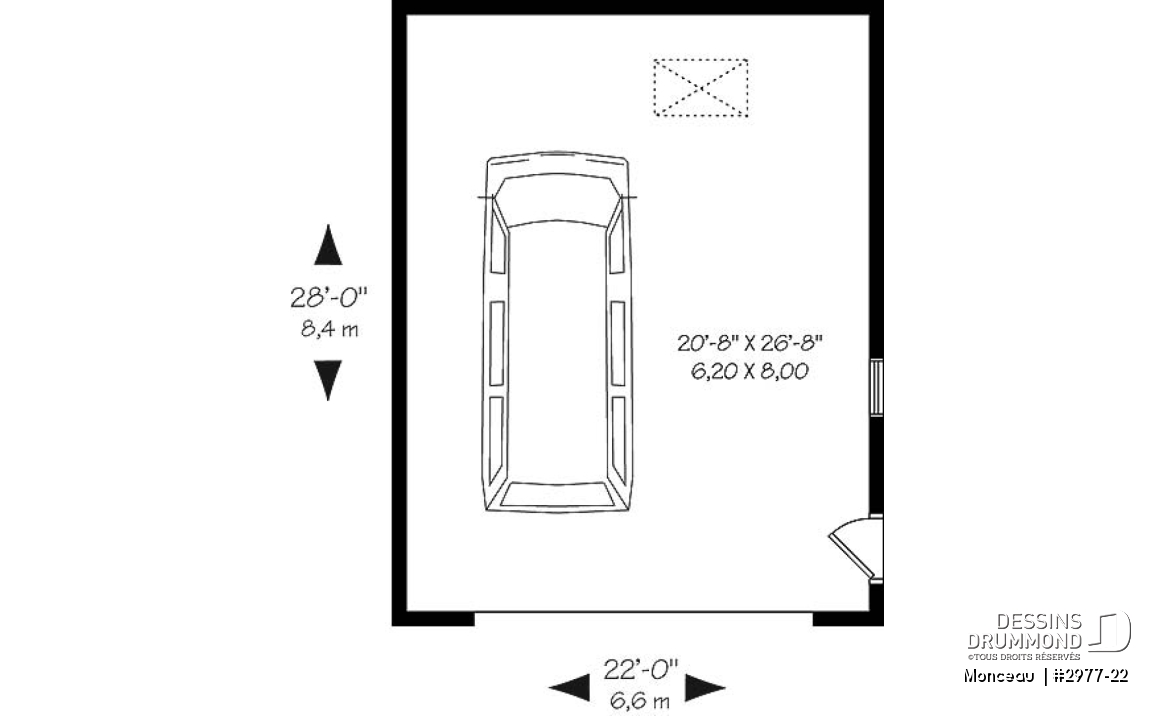 Rez-de-chaussée - Plan de garage double, pour deux voiture, avec porte et fenêtre latérales. Espace rangement au grenier. - Monceau 