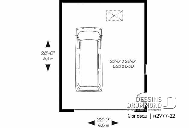Rez-de-chaussée - Plan de garage double, pour deux voiture, avec porte et fenêtre latérales. Espace rangement au grenier. - Monceau 