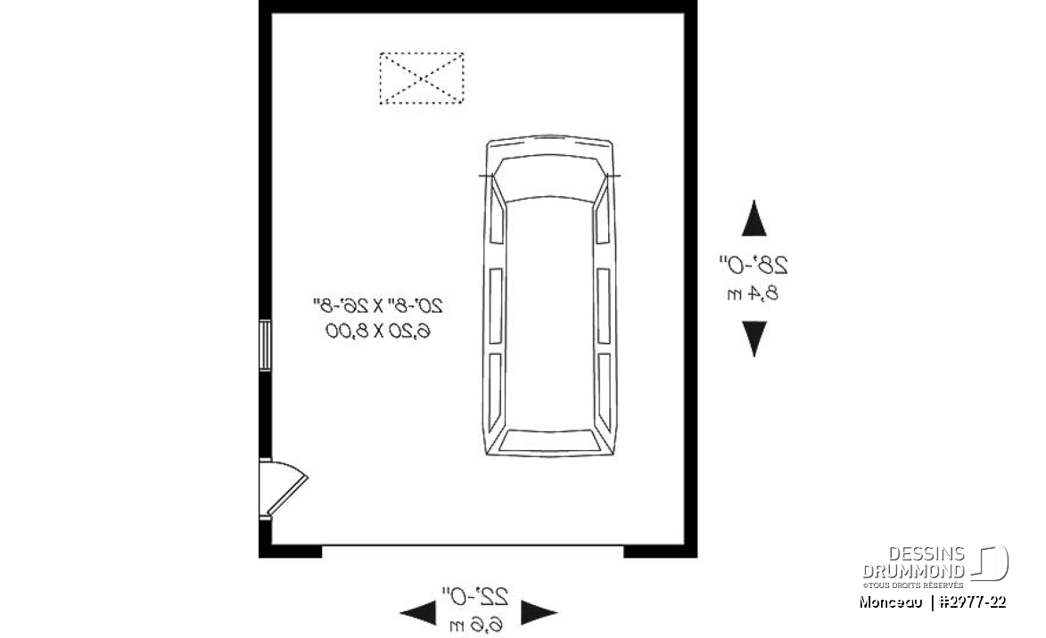 Rez-de-chaussée - Plan de garage double, pour deux voiture, avec porte et fenêtre latérales. Espace rangement au grenier. - Monceau 