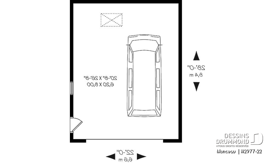Rez-de-chaussée - Plan de garage double, pour deux voiture, avec porte et fenêtre latérales. Espace rangement au grenier. - Monceau 