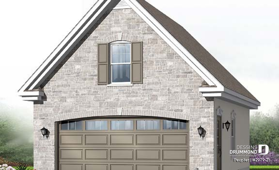 Vue avant - MODÈLE DE BASE - Plan de garage double de style Européen avec rangement à l'étage qui est accessible par escalier - Peuplier