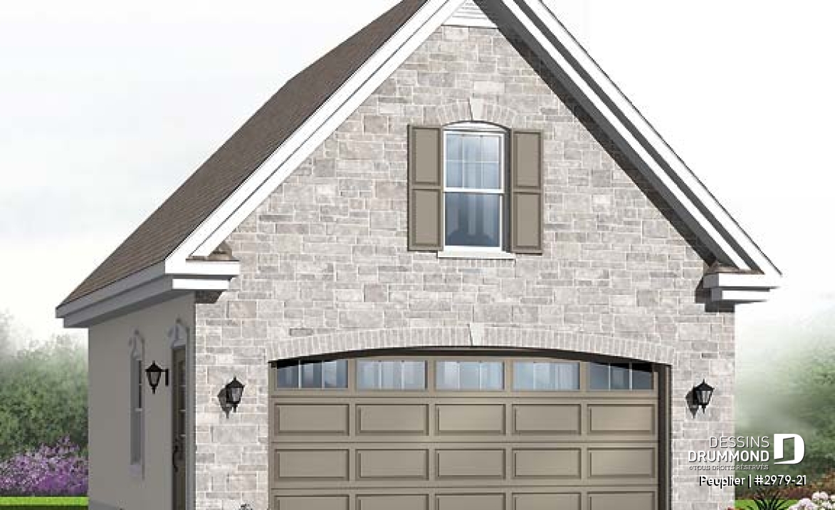 Vue avant - MODÈLE DE BASE - Plan de garage double de style Européen avec rangement à l'étage qui est accessible par escalier - Peuplier