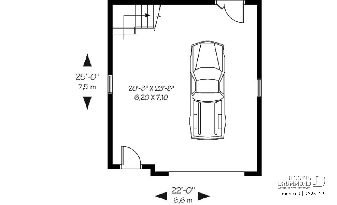 Rez-de-chaussée - Plan de garage simple et spacieux, champêtre avec espace boni de rangement accessible par des escaliers - Hinata 3