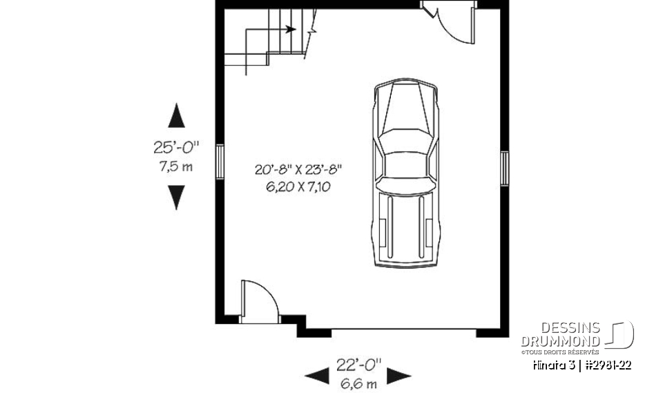 Rez-de-chaussée - Plan de garage simple et spacieux, champêtre avec espace boni de rangement accessible par des escaliers - Hinata 3