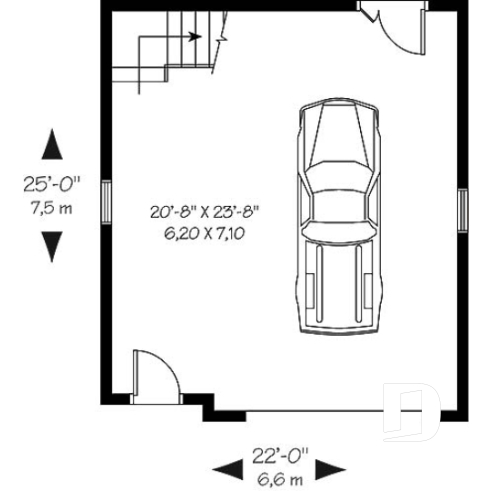 Rez-de-chaussée - Plan de garage simple et spacieux, champêtre avec espace boni de rangement accessible par des escaliers - Hinata 3