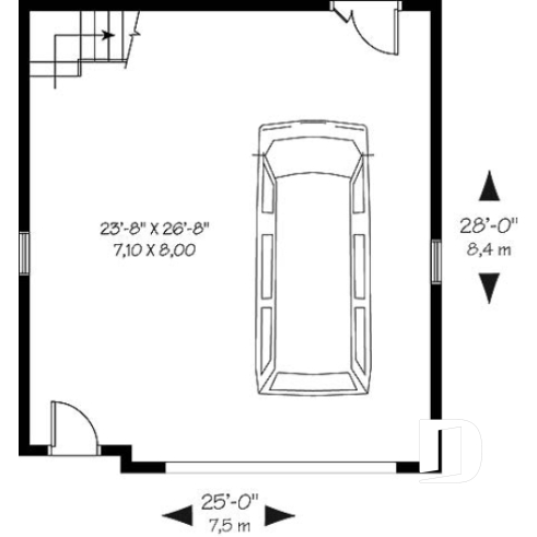 Rez-de-chaussée - Plan de garage simple de grand format avec esapce boni aménageable à l'étage, accessible par escalier. - Hinata 2