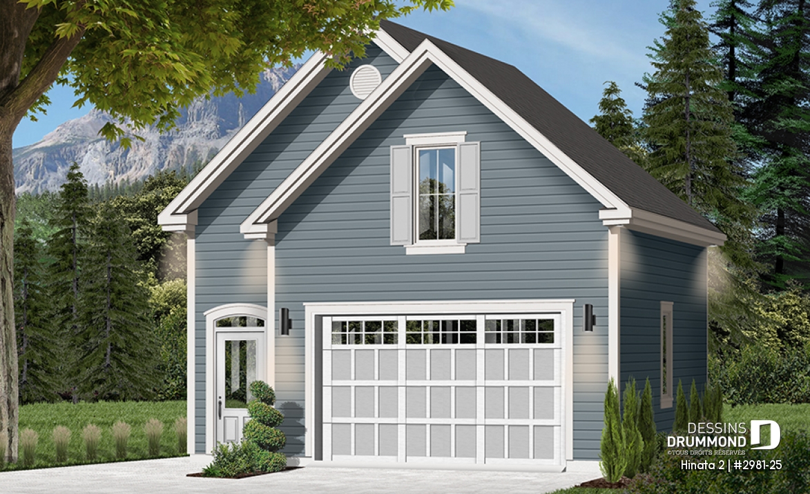 Vue avant - MODÈLE DE BASE - Plan de garage simple de grand format avec esapce boni aménageable à l'étage, accessible par escalier. - Hinata 2