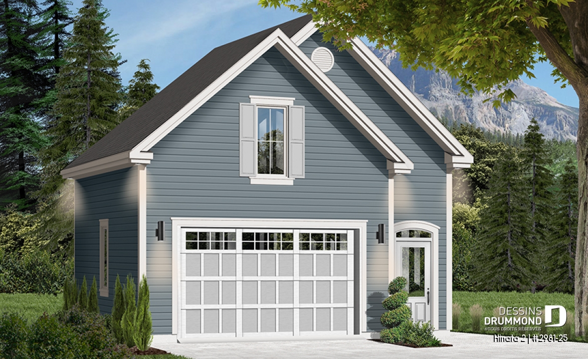Vue avant - MODÈLE DE BASE - Plan de garage simple de grand format avec esapce boni aménageable à l'étage, accessible par escalier. - Hinata 2