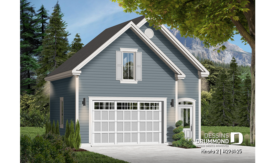 Vue avant - MODÈLE DE BASE - Plan de garage simple de grand format avec esapce boni aménageable à l'étage, accessible par escalier. - Hinata 2