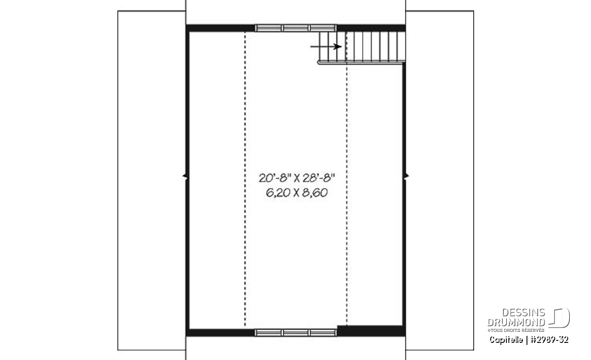 Étage - Plan de garage triple à deux étages offrant espace boni aménageable à l'étage, accessible par escalier. - Capitelle