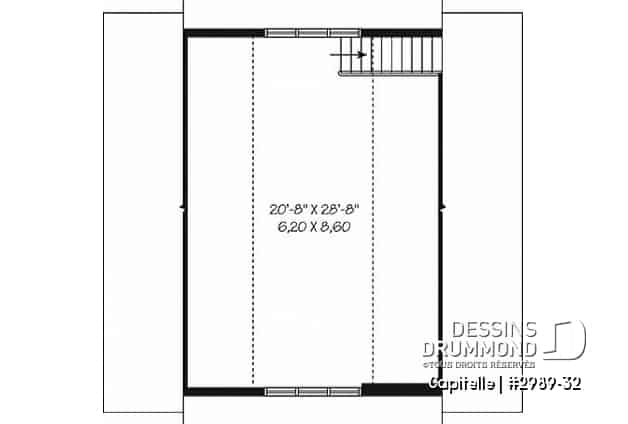 Étage - Plan de garage triple à deux étages offrant espace boni aménageable à l'étage, accessible par escalier. - Capitelle