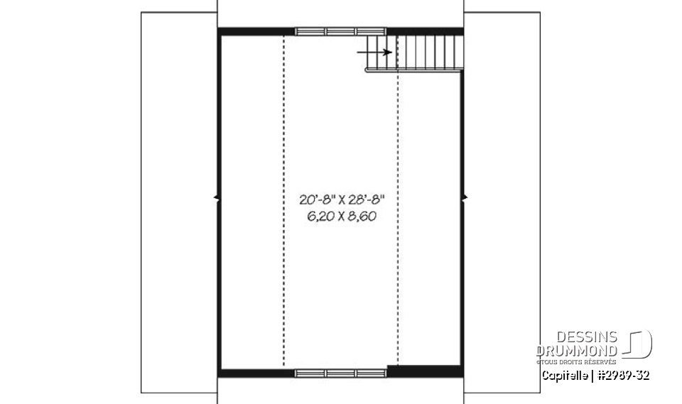 Étage - Plan de garage triple à deux étages offrant espace boni aménageable à l'étage, accessible par escalier. - Capitelle