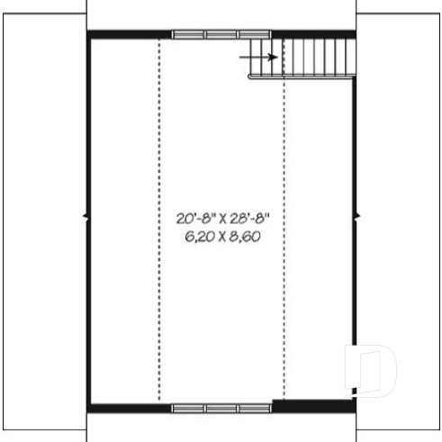 Étage - Plan de garage triple à deux étages offrant espace boni aménageable à l'étage, accessible par escalier. - Capitelle