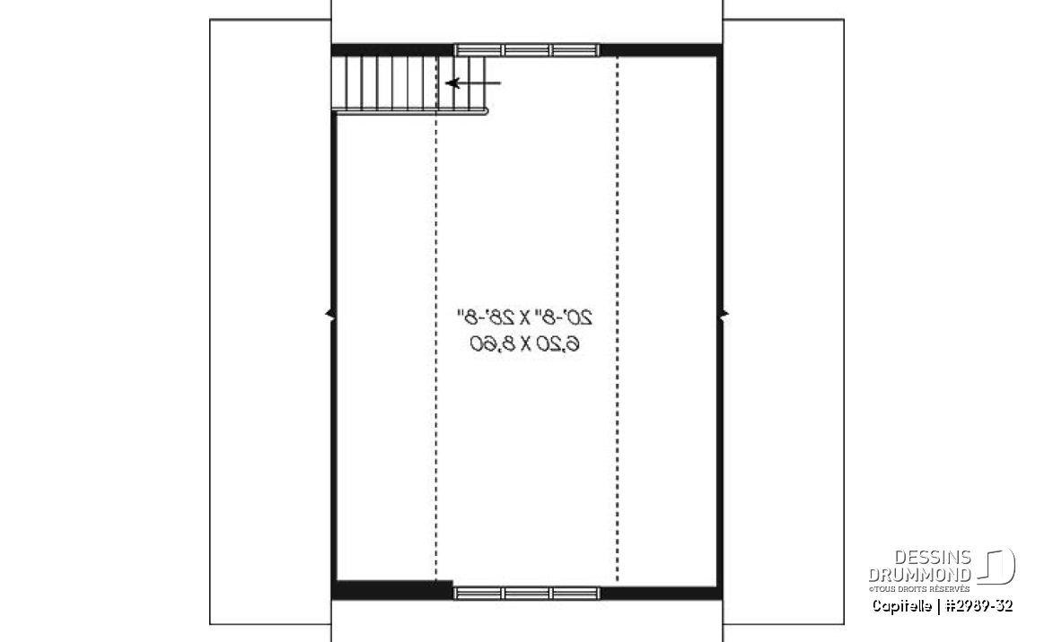 Étage - Plan de garage triple à deux étages offrant espace boni aménageable à l'étage, accessible par escalier. - Capitelle