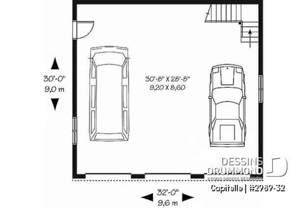 Rez-de-chaussée - Plan de garage triple à deux étages offrant espace boni aménageable à l'étage, accessible par escalier. - Capitelle