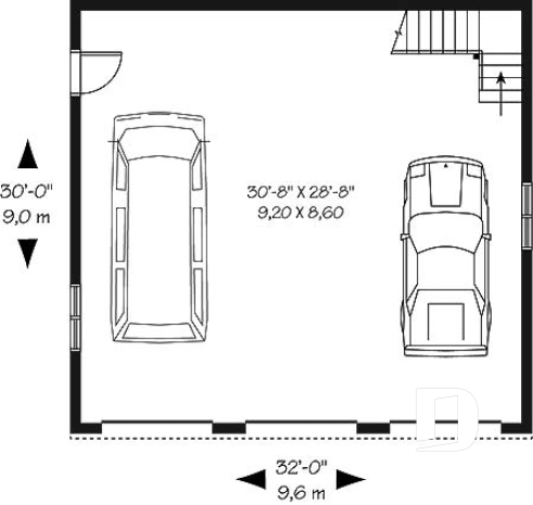 Rez-de-chaussée - Plan de garage triple à deux étages offrant espace boni aménageable à l'étage, accessible par escalier. - Capitelle