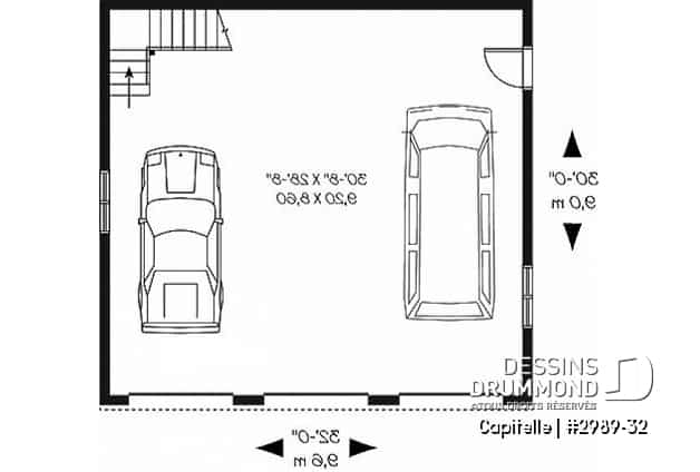 Rez-de-chaussée - Plan de garage triple à deux étages offrant espace boni aménageable à l'étage, accessible par escalier. - Capitelle